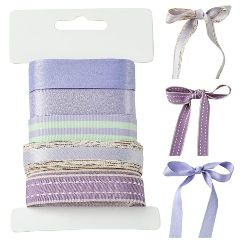 Ipotkitt 13,7 m, 5 Stile, 17 mm, Polyester, violett, gestreift, Drahtbänder, dekoratives Band für DIY, romantische Bastelarbeiten, Party-Dekoration von Ipotkitt