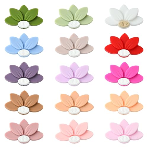 Ipotkitt 15 Stück 15 Farben Lotusblume Silikon Focal Perlen Floral Spacer Perlen Gummi Pflanze Perlen für DIY Frühling Schmuckherstellung Home Party Decor von Ipotkitt