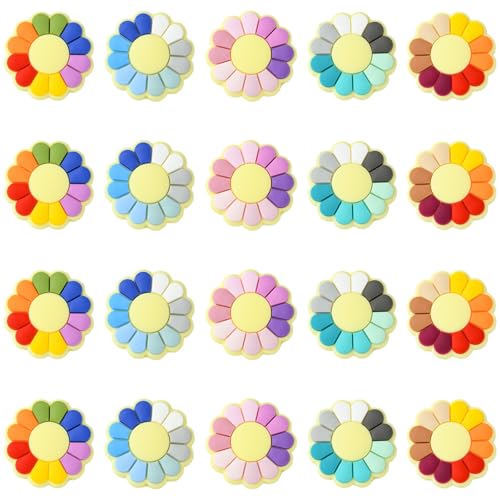 Ipotkitt 20 Stück 5 Farben Silikon Blume Focal Perlen Regenbogen Sonnenblume Perlen Floral Flach Spacer Perlen für DIY Schlüsselanhänger Halskette Beadable Bag Schmuckherstellung von Ipotkitt