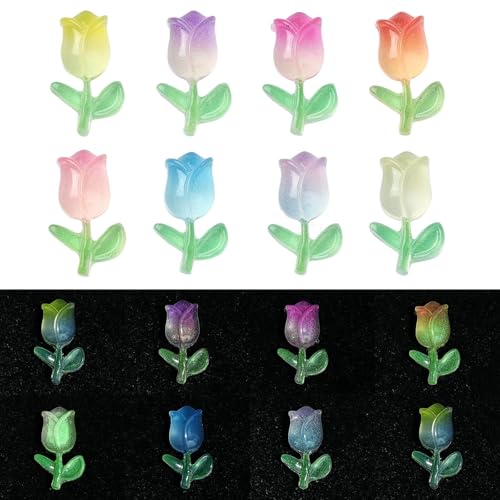 Ipotkitt 200 Stück 8 Farben Harz Blume Cabochons Tulpenförmige Nagelkunst-Zubehör, leuchten im Dunkeln, florale flache Rückseite, Charms für DIY Handwerk Nageldekoration von Ipotkitt