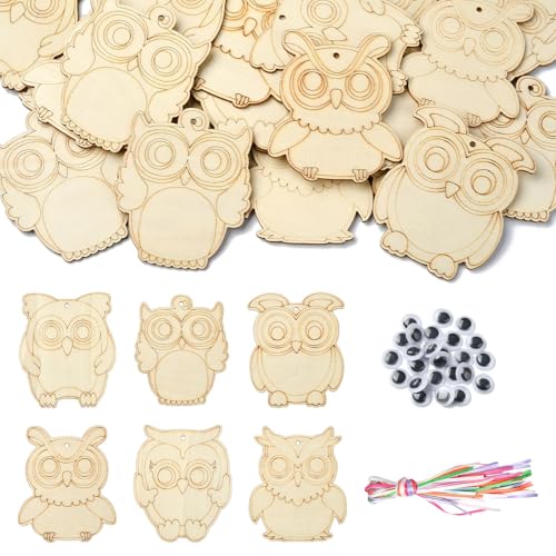 Ipotkitt 36 Stück zufällige ungefärbte Eulen-Motiv-Holzausschnitt-Charms-Set, fliegende Tiere, Vögel, Holzstücke, unlackierte Cartoon-Hängeornamente für DIY-Dekoration von Ipotkitt