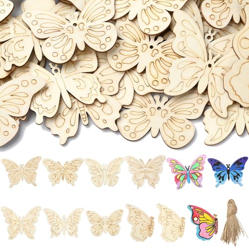 Ipotkitt 40 Stück zufällige ungefärbte Schmetterlings-Motiv-Holzausschnitt-Charms-Set, fliegende Tiere, Holzstücke, unlackierte Insekten, hängende Ornamente für DIY-Dekoration von Ipotkitt