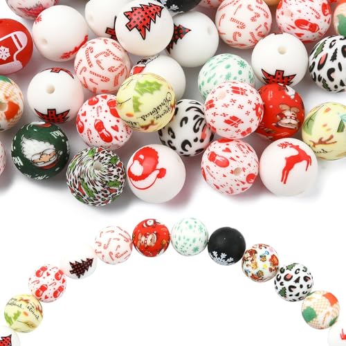 Ipotkitt 50 Stück 15 mm runde Silikon-Perlen mit Weihnachtsmotiven, Gummi, Kaugummi-Perlen, Kugeln, lose Perlen, DIY, Handwerk, Armband, Schlüsselanhänger, Schmuckherstellung von Ipotkitt