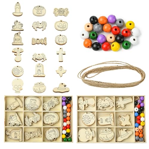 Ipotkitt 54 Stück 18 Stile ungefärbte Halloween-Themen-Holzausschnitt-Charms Kit Süßigkeiten Kürbis Holzstücke unlackierte Totenkopf hängende Ornamente für DIY Handwerk Dekor von Ipotkitt