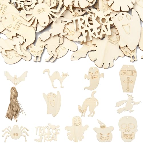 Ipotkitt 60 Stück ungefärbte Halloween-Themen-Holzausschnitt-Charms-Set, Fledermaus, Katze, Geist, Holzstücke, unlackierte Totenkopf-Hängeornamente für DIY-Dekoration von Ipotkitt