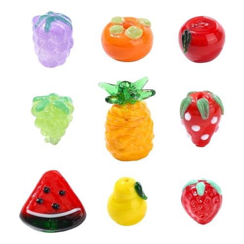 Ipotkitt 9 Stück 9 Stile Obst Themed Lampwork Perlen Traube Erdbeere Glasperlen Niedliche Obst Lebensmittel Ornamente für DIY Handwerk Stift Halskette Schmuckherstellung von Ipotkitt