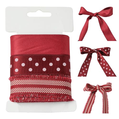 Ipotkitt Rotes Polyester-Satinband, 2,5 cm, 2,5 m, gepunktet, gestreifte Bänder, dekoratives Band für Bastelarbeiten, Schleifendekoration von Ipotkitt