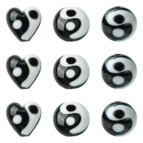 Ipotkitt Yinyang-Perlen aus Glas, herzförmig, flach, rund, Abstandshalter für Bastelarbeiten, Haarstifte, Schmuckherstellung, 3 Stile, Schwarz / Weiß, 12 Stück von Ipotkitt