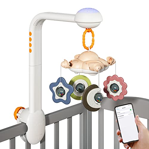 Irfora Babybett-Mobile mit Projektion, Nachtlicht, beruhigende Musik, weißes Rauschen, hängende Rassel, Spielzeug, 360 ° drehbar, kabellose BT-Verbindung, Kinderzimmer,Spielzeug für Säuglinge von Irfora