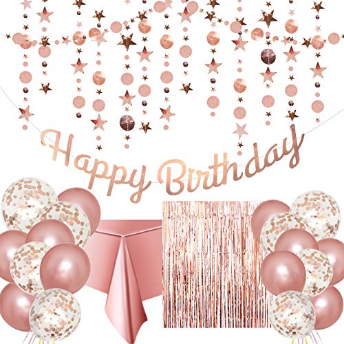 Rosegold Geburtstag Party Deko - Happy Birthday Girlande,Glitter Sterne und Kreise Girlande,Konfetti Ballons,Rosegold Latex Luftballon,Tischdecke,Glitzer Vorhang für Mädchen Geburtstagsdeko für Frauen von Irichna