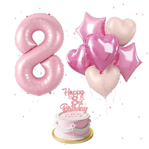 8 Geburtstag Dekorationen für Mädchen, 40 Zoll Rosa Zahl 8 Ballon mit Herz Stern Folienballon, 8 Geburtstag Party Dekorationen mit Cake Topper Baby Shower Geburtstag Party Prinzessin Party von Iridsmole