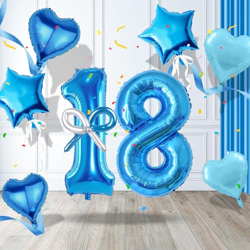 Iridsmole 18 Geburtstag Dekorationen Blau, Zahl 18 Geburtstag Ballon für Jungen, Alter 18 Luftballons mit Folienstern Herz Luftballons, 18 Blau Ballons für Mädchen Jungen Geburtstag Söhne Töchter von Iridsmole