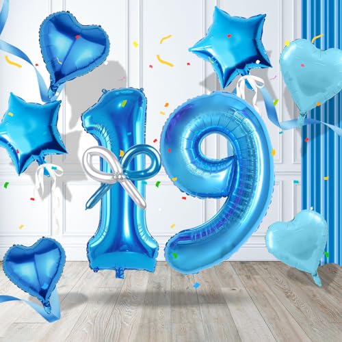 Iridsmole 19 Geburtstag Dekorationen Blau, Zahl 19 Geburtstag Ballon für Jungen, Alter 19 Luftballons mit Folienstern Herz Luftballons, 19 Blau Luftballons für Mädchen Jungen Söhne Töchter Geburtstag von Iridsmole