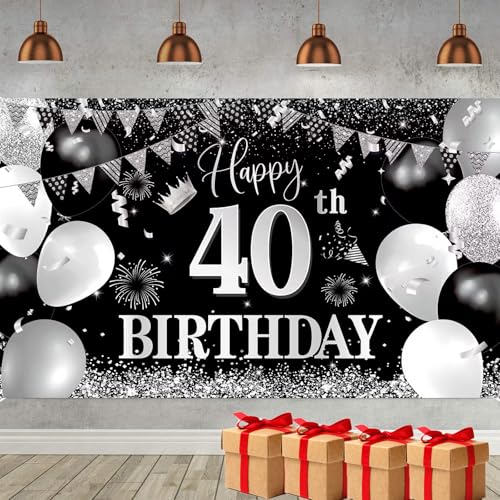 Iridsmole 40. Geburtstag Hintergrund Banner, Schwarz Silber Happy 40th Birthday Banner, 40th Birthday Banner, 40th Birthday Dekorationen für Männer Frauen Foto Hintergrund Hintergrund 180 x 110 cm von Iridsmole