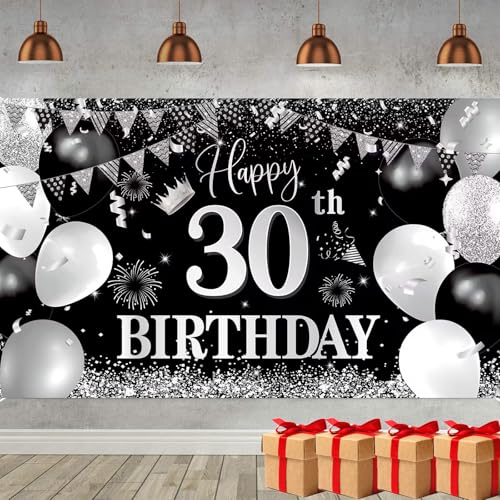 Iridsmole Hintergrund zum 30. Geburtstag, Schwarz Silber Happy 30th Birthday Banner, 30. Geburtstag Banner, 30. Geburtstag Dekorationen für Männer Frauen Foto Hintergrund Hintergrund 180 x 110 cm von Iridsmole