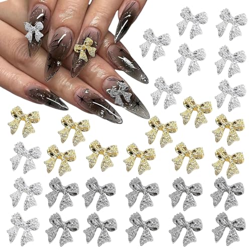 Irikdescia 30 Stück Nail Art Metall-Schleifen Nageldekoration, Gold Silber Grau Schleifen Nail Art Zubehör, Nagel Deko Für Damen Mädchen Nagel-Design Handwerk von Irikdescia