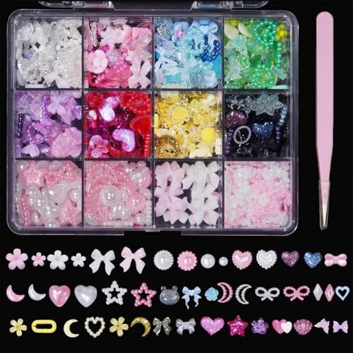 Irikdescia Bunte 3D Blumen Herz Sterne Nagel Charms Schleifen, Resin Nagel Perlen, Strasssteine Nägel Deko, Y2K Nagelsteine, Nail Accessories Für DIY Maniküre von Irikdescia