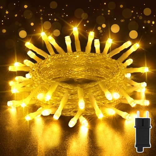 Isisyu LED Lichterkette Außen, 10M 100LED Warmweiß Lichterkette Außen Strom mit Timer Merkfunktion, 8 Modi Wasserdicht Verlängert Weihnachtsbeleuchtung Outdoor für Weihnachten Party Garten Camping von Isisyu