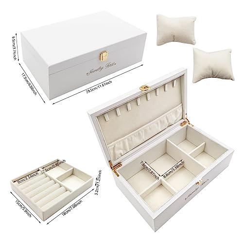 Ismosm Schmuck-Organizer-Box, Holz-Schmuckschatulle mit weichem Samtfutter und mehreren Fächern, Schmuck-Organizer-Aufbewahrungsbox für Damen, Herren, Ohrringe, Halsketten, Ringe, Uhren (weiß) von Ismosm