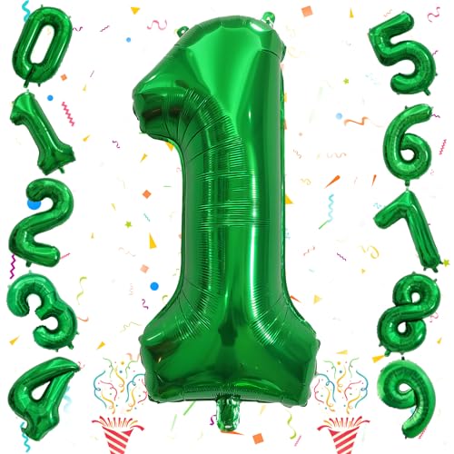 1. Geburtstag Luftballon Deko für Junge, 40 Zoll Grün Helium Zahl 1 Luftballon, Riesen Folienballon Zahlen 0-9 Ballon für Kinder Mädchen Geburtstag Babyparty Party Deko Jungle Dino Party Dekoration von Isndare