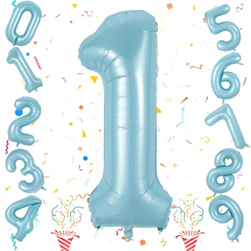 1. Geburtstag Luftballon Deko für Jungen, 40 Zoll Pastell Blau Mylar Zahl Luftballon 1, Riesen Helium Folienballon Zahlen Ballon für Kinder 1. Geburtstag Party Babyparty Deko Jubiläum Dekoration von Isndare