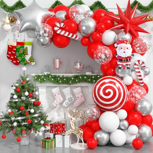 Ballons Girlande Weihnachten Luftballons Rot Weiß Silber Weihnachtsballons Deko Party Schneeflocken Weihnachtsmann Folienballon Gehstock Lollipop Bonbon Stern Aluminium Ballon Weihnachts Luftballon von Isndare