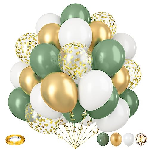 Ballons Retro Grün Gold, 12 Zoll Luftballons Set Grün Weiß Metallic Gold Konfetti, Salbeigrün Gold Latex Helium Luftballons für Mädchen Frau Geburtstag Hochzeit Dschungel Safari Babyparty Party Deko von Isndare