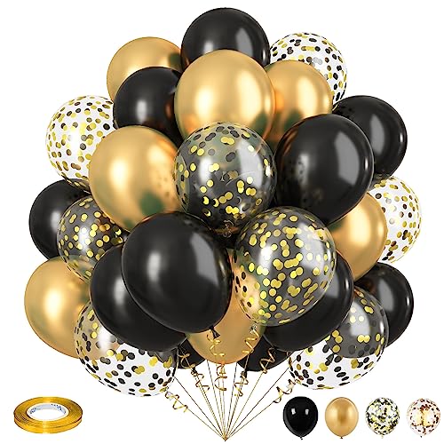 Ballons Schwarz Gold Konfetti Deko Set, 12 Zoll Helium Luftballons Schwarz Metallic Gold Konfetti, Schwarz Gold Latexballons für Hochzeit Geburtstag Jahrestag Neujahr Silvester Party Dekoration von Isndare