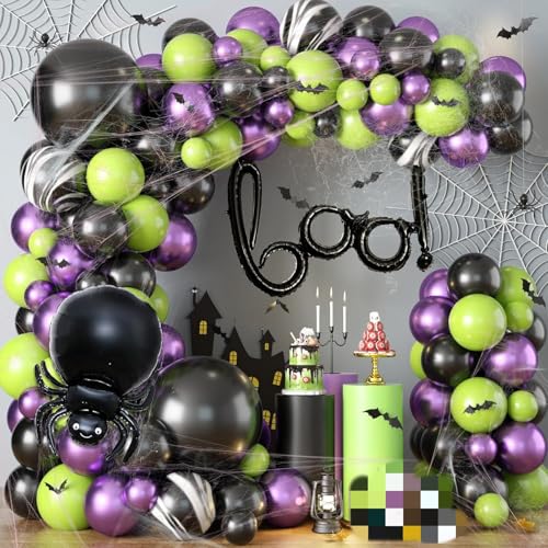 Halloween Luftballons Girlande Schwarz Lila Grün Ballons Schwarz Onyx-Luftballons Ballon mit boo Mylar Mini-Fledermaus Spinne Folienballon 3D-Fledermaus Spinnennetz für Halloween Party Deko von Isndare