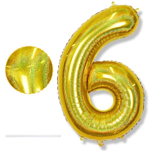 Laser Gold Zahl Luftballons 6, Folienballon Riesen Zahlenballon 6 Jahre Geburtstagdeko, 40 Zoll Helium Zahlen 6 Goldene Ballons für Junge Kinder 6. Geburtstag Deko Herren Jubiläum Party Dekoration von Isndare