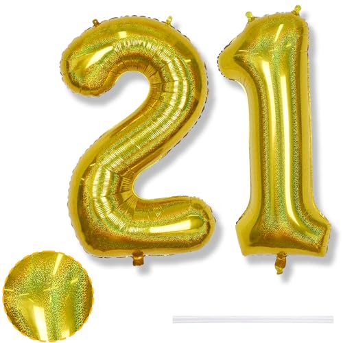 Luftballon 21. Geburtstag Deko für Herren, 40 Zoll Laser Gold Helium Zahl 21 Luftballon Geburtstagsdeko, Riesen Folienballon Goldene Zahlen 21 Ballon für Frauen Geburtstag Jubiläum Party Dekoration von Isndare