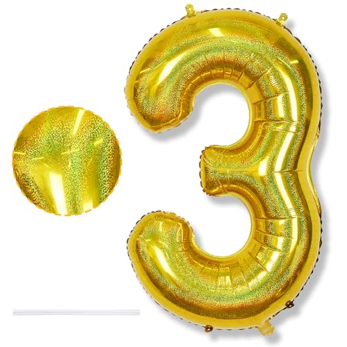 Luftballon 3. Geburtstag für Kinder, Große Laser Gold Zahl 3 Folienballon Geburtstagsdeko, 40 Zoll Helium Goldene Zahlen 3 Ballon für Mädchen Junge 3 Jahre Geburtstag Deko Jubiläum Party Dekoration von Isndare