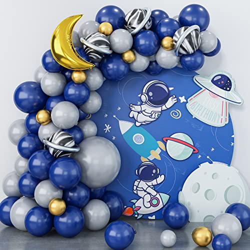 Luftballon Girlande Weltraum Blau Grau Gold Ballon Mit Metallic Silber Langer Luftballon Perle Navy Blau Onyx Schwarz Helium Ballons Planeten Mond Folienballon Jungen Party Geburtstag Dekoration von Isndare