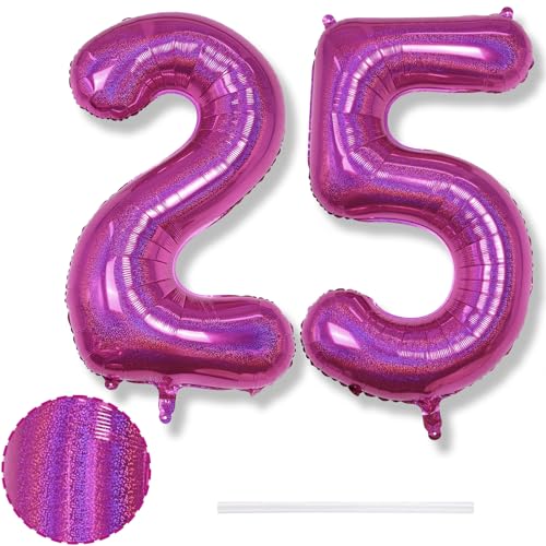 Luftballon Zahlen 25 Laser Rosa Geburtstagdeko, Riesen 25 Zahl Hot Pink Ballon für Damen Jubiläum Party Deko, 40 Zoll Zahlen 2 & 5 Folienballon für Frau 25. Geburtstag Dekoration, Fliegt mit Helium von Isndare