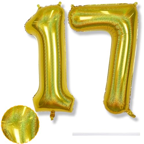 Luftballons 17. Geburtstag Deko für Mädchen, 40'' Laser Gold Zahlen 17 Ballon Geburtstagdeko, XXL 17 Zahl Goldene Luftballon für 17 Jarhe Geburtstag Herren Jubiläum Party Dekoration, Fliegt mit Helium von Isndare