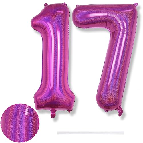 Luftballons 17. Geburtstag Deko für Mädchen, 40 Zoll Laser Rosa Zahlen 17 Ballon Geburtstagdeko, XXL 17 Zahl Pink Luftballon für 17 Jarhe Geburtstag Frau Jubiläum Party Dekoration, Fliegt mit Helium von Isndare