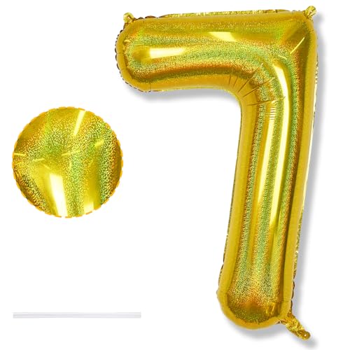 Luftballons 7. Geburtstag Deko für Mädchen, 40 Zoll Laser Gold Zahlen 7 Ballon Geburtstagdeko, XXL 7 Zahl Goldene Luftballon für 7 Jarhe Geburtstag Herren Jubiläum Party Dekoration, Fliegt mit Helium von Isndare