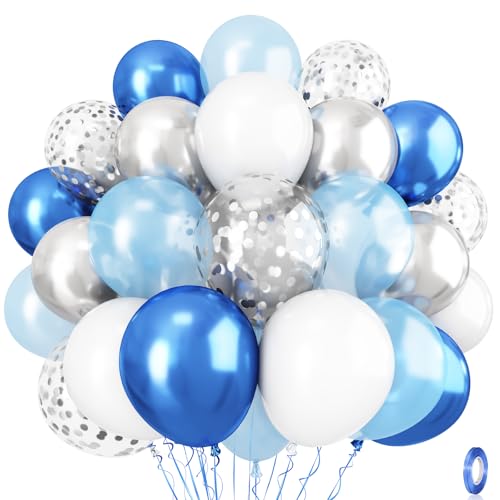 Luftballons Blau Weiß Silber, 12 Zoll Metallic Blau Silber Weiss Helium Deko Ballons Set, Perl Hellblau Aqua Blau Silber Konfetti Latexballons für Junge Geburtstag Babyparty Taufe Party Dekoration von Isndare