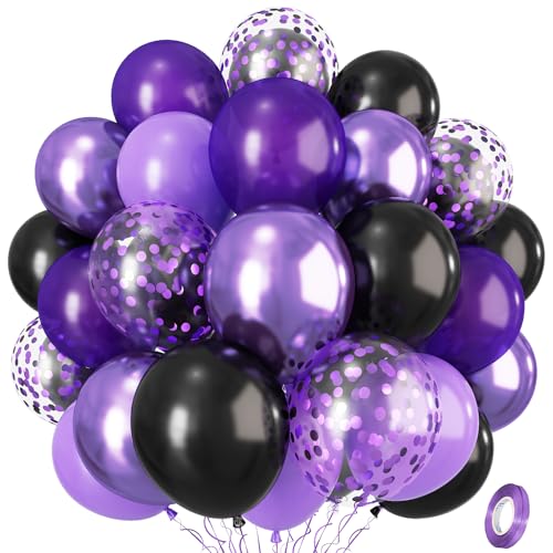 Luftballons Lila Schwarz, 12 Zoll Schwarz Dunkel Violett Hell Lila Metallic Konfetti Latex Helium Ballons Deko Set für Mädchen Frau Geburtstag Babyparty Brautparty Hochzeit Halloween Party Dekoration von Isndare