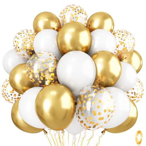 Luftballons Metallic Gold Weiß Set, 12 Zoll Weiss Gold Konfetti Latex Helium Ballon Deko, Gold Weiß Geburtstag Luftballon für Frau Mädchen Hochzeit Verlobung Babyparty Brautparty Party Dekoration von Isndare