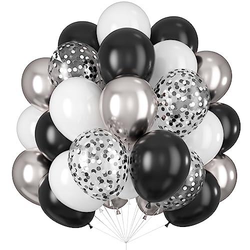 Luftballons Schwarz Weiß Silber Ballons Konfetti 60Stück 12Zoll Schwarz Weiß Metallisches Silber Chrom Helium Luftballon Latex Ballon für Geburtstagsdeko Hochzeitsdeko Graduierung von Isndare