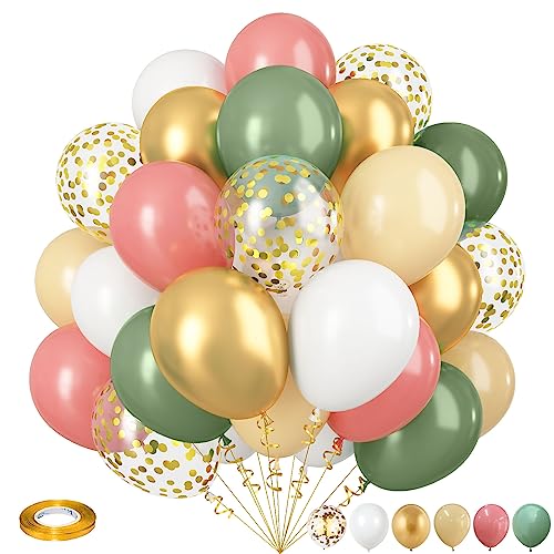 Luftballons Set Retro Grün Rosa, 35 Stück Salbeigrün Altrosa Metallic Gold Helium Ballons, Grün Rosa Weiß Gold Konfetti Latex Ballon für Mädchen Dschungel Safari Geburtstag Babyparty Party Deko von Isndare