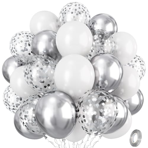 Luftballons Silber Weiß Set, 12 Zoll Metallic Silber Weiss Ballon Helium Luftballons Geburtstagsdeko, Silber Konfetti Latexballons for Mädchen Junge Geburtstag Hochzeit Abschluss Silvester Party Deko von Isndare