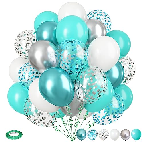 Luftballons Türkis Silber, 12 Zoll Blaugrün Hell Blau Grün Silber Weiß Konfetti Latexballon Deko Set, Türkis Weiss Silber Helium Ballon für Jungen Taufe Geburtstag Babyparty Hochzeit Party Dekoration von Isndare