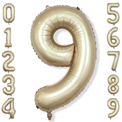 Metallic Gold Luftballon Zahl 9, 40" XXL Hell Gold Folienballon Zahlen 9, Zahlenballon 9. Geburtstag für Mädchen, Champagner Gold 9 Helium Ballon zum Frau Mann Geburtstagsdeko Jubiläum Party Deko von Isndare