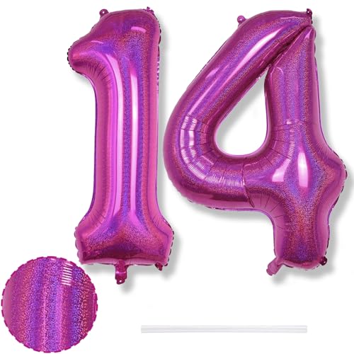 Riesen 14 Luftballon Zahl Laser Rosa, 40 Zoll Helium 14 Zahlenballon Folienballon 14 Jahre Geburtstagsdeko, XXL Zahlen 14 Hot Pink Ballons für Mädchen 14. Geburtstag Deko Jubiläum Party Dekoration von Isndare