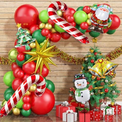 Weihnachten Luftballons Girlande Rot Grün Gold Starburst Ballon Christmas Luftballon Girlande mit Große Krücke Mini Glocke Schneemann Weihnachtsmann Baum Folienballons für Neujahrsfeier Dekoration von Isndare