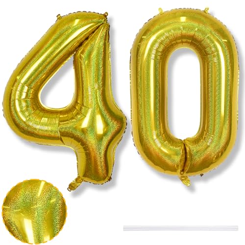 Zahlen Ballon 40. Geburtstag für Herren, Laser Gold Große Folienballon Zahl 40 Deko, 40 Zoll Goldene Zahl 40 Luftballon für Frau 40 Jahre Geburtstagdeko Jubiläum Party Dekoration, Fliegt mit Helium von Isndare