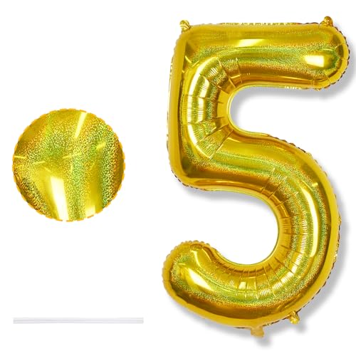 Zahlen Ballon 5. Geburtstag für Junge, Laser Gold Große Folienballon Zahl 5 Deko, 40 Zoll Goldene Zahl 5 Luftballon für Mädchen 5 Jahre Geburtstagdeko Jubiläum Party Dekoration, Fliegt mit Helium von Isndare