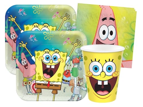 Isola Party Umweltfreundliches Spongebob-Geburtstagsparty-Set für 16 Personen (16 Pappteller ⌀ 23 cm, 16 Pappbecher 266 ml, 16 Papierservietten 33x33 cm) von Isola Party